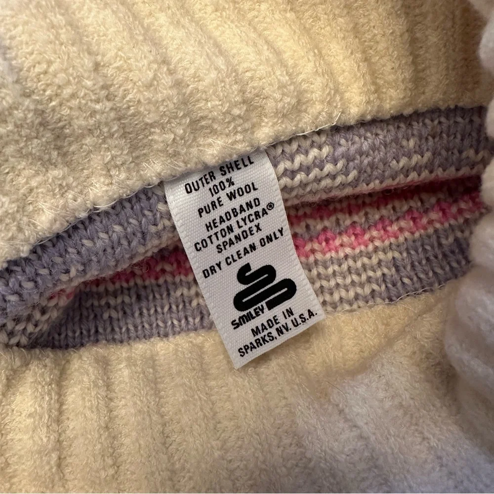 Vintage Smiley Wool Girls Purple Pink Heart Pom Pom Beanie Hat Made in USA